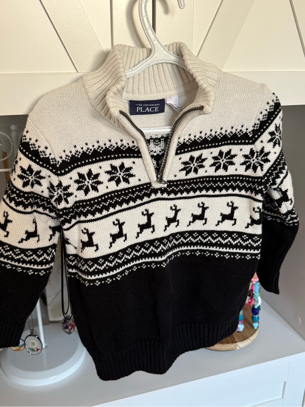 The Children's Place Black & Cream Reindeer Half-Zip Sweater